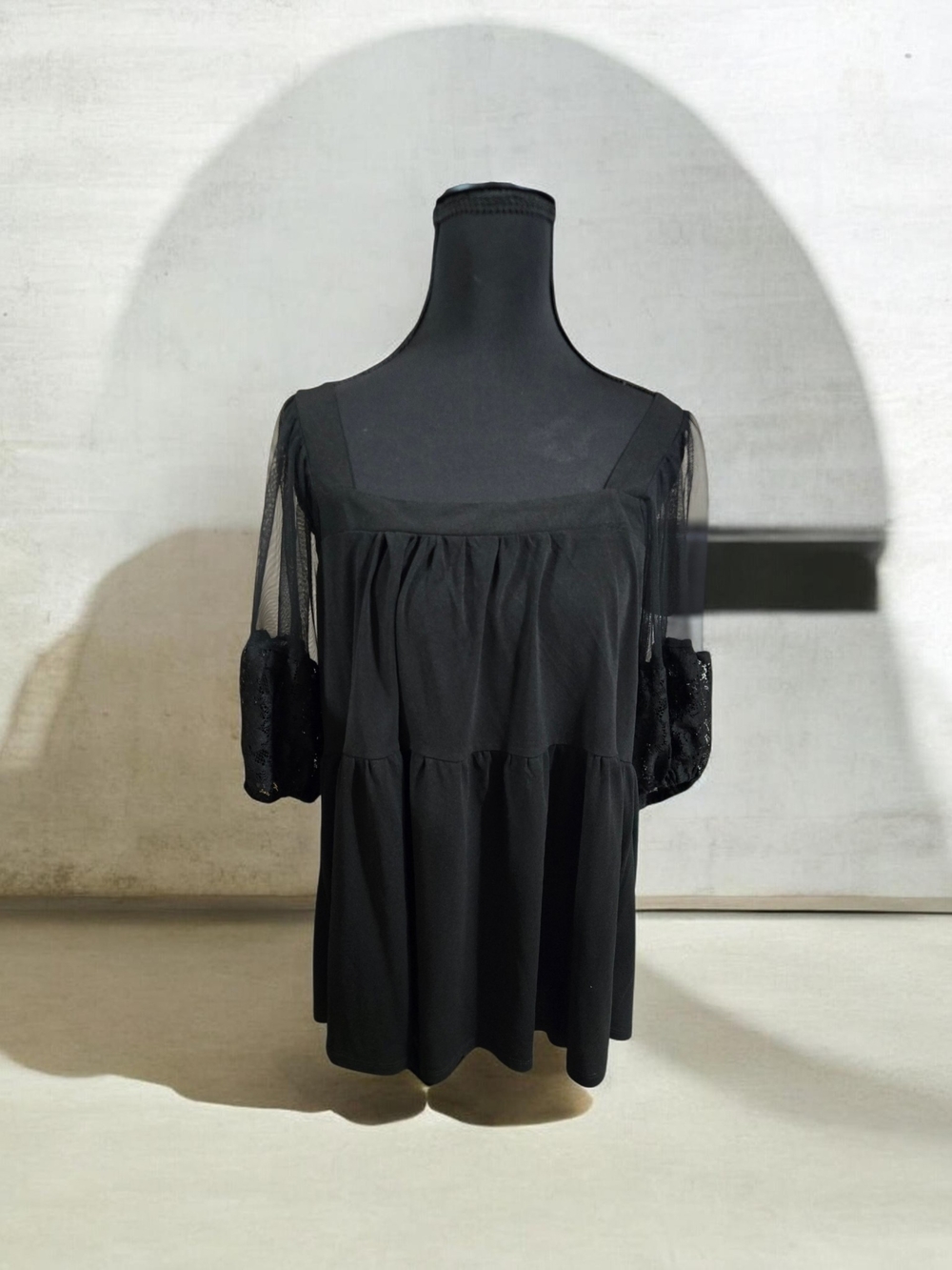 Tempted Black Square-Neck Tiered Blouse with Sheer Puff Sleeves